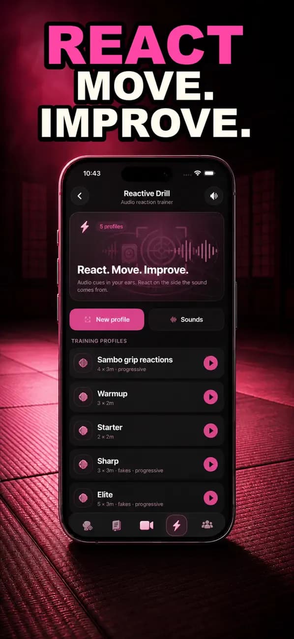 Aikido AI reactive drill screen with Warmup, Starter, Sharp, and Elite profiles.