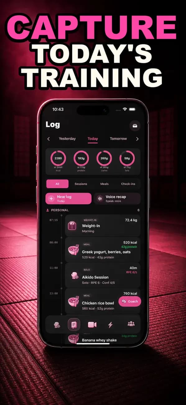 Aikido AI daily log showing meals, voice recaps, and Aikido sessions.