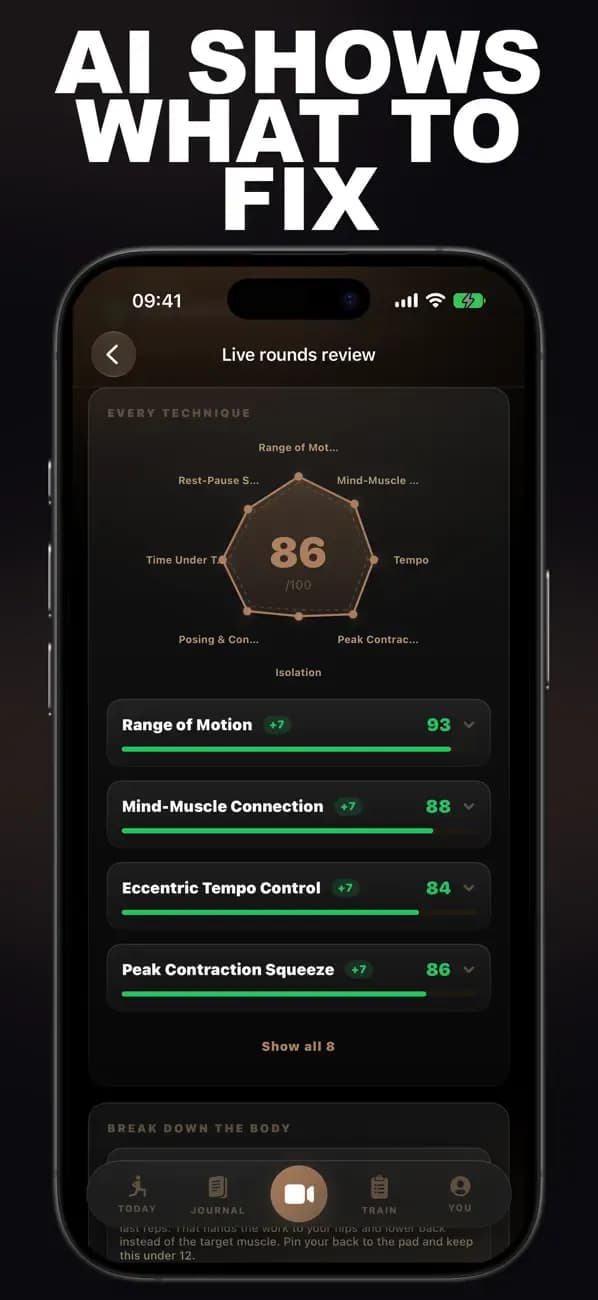 Bodybuilding AI live rounds review scoring range of motion, mind-muscle connection, eccentric tempo, and peak contraction.