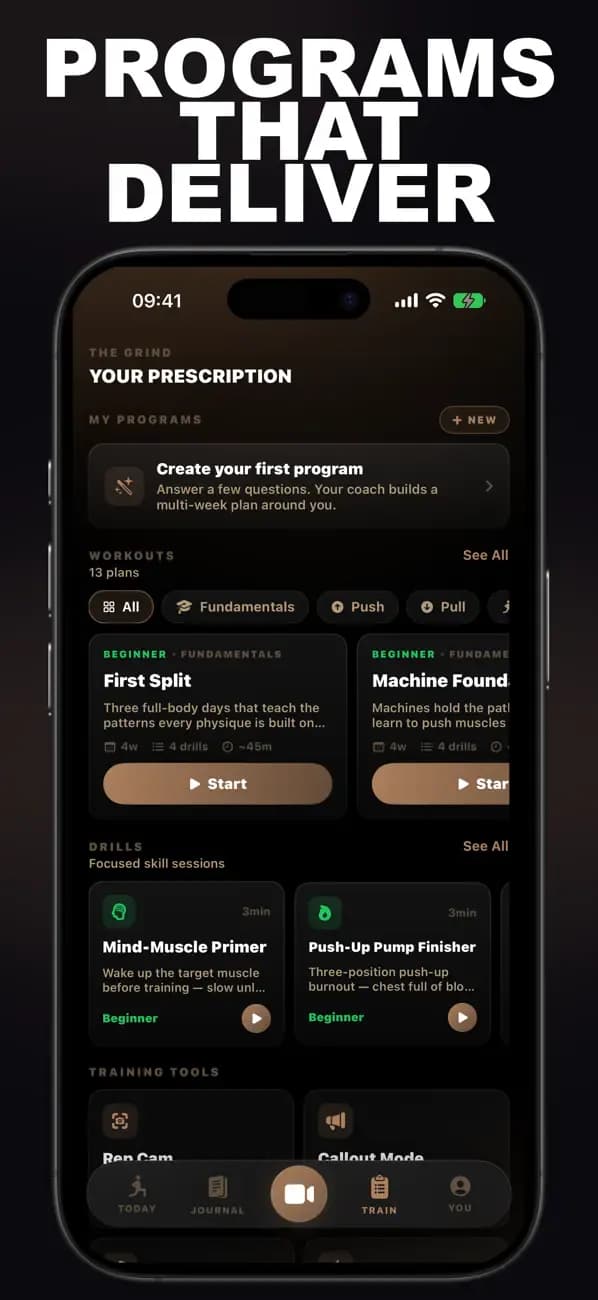 Bodybuilding AI training prescription with programs built from a form analysis.