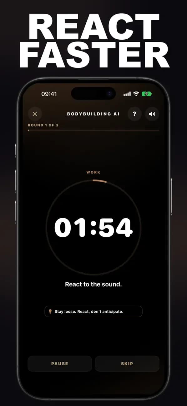 Bodybuilding AI reaction drill displaying a timed sound cue.