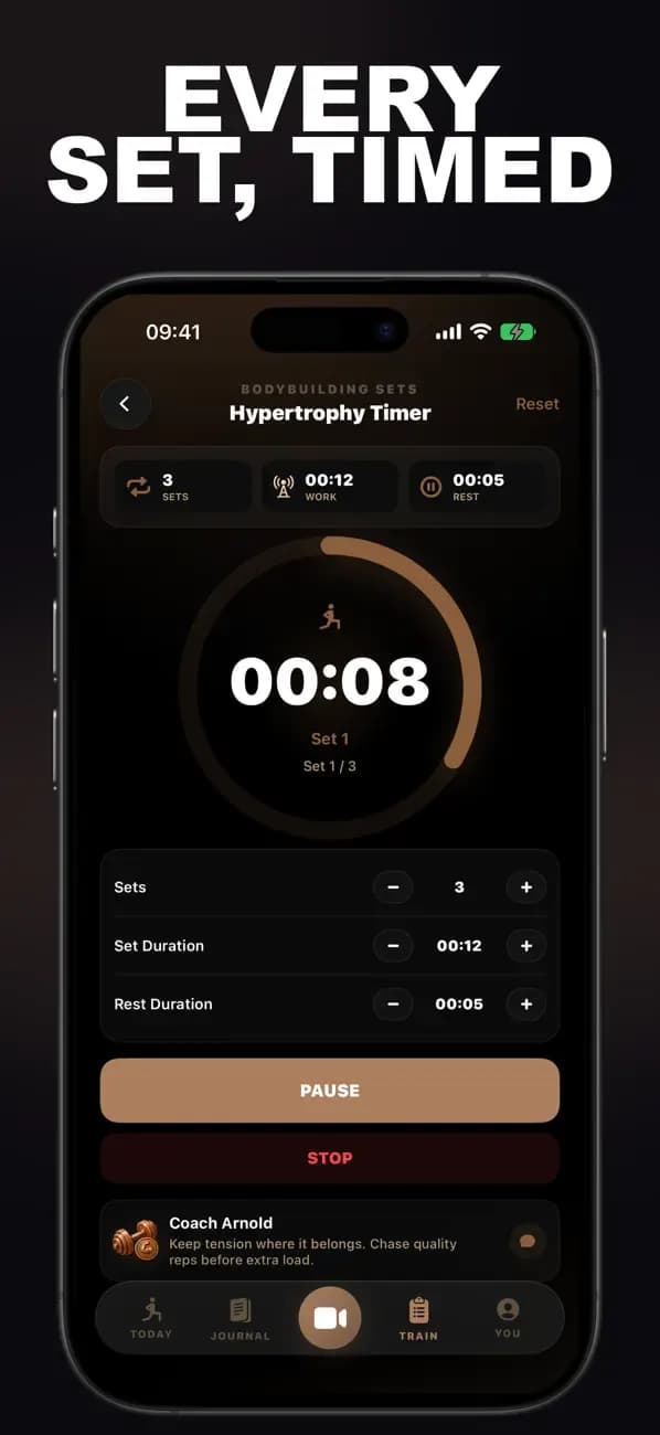 Bodybuilding AI Hypertrophy Timer showing an active timed set.