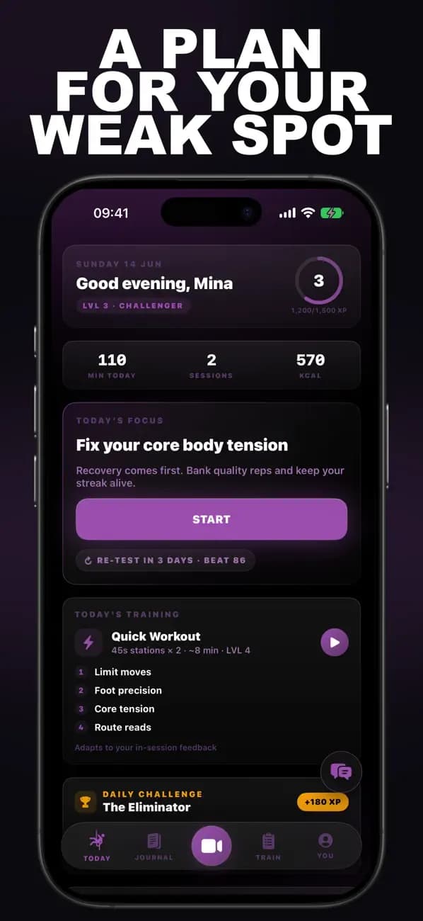 Bouldering AI dashboard recommending a plan to fix core body tension.