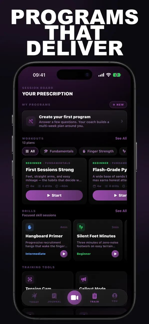 Bouldering AI training prescription with programs built from a climbing analysis.