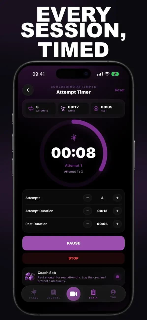 Bouldering AI Attempt Timer showing an active timed bouldering attempt.