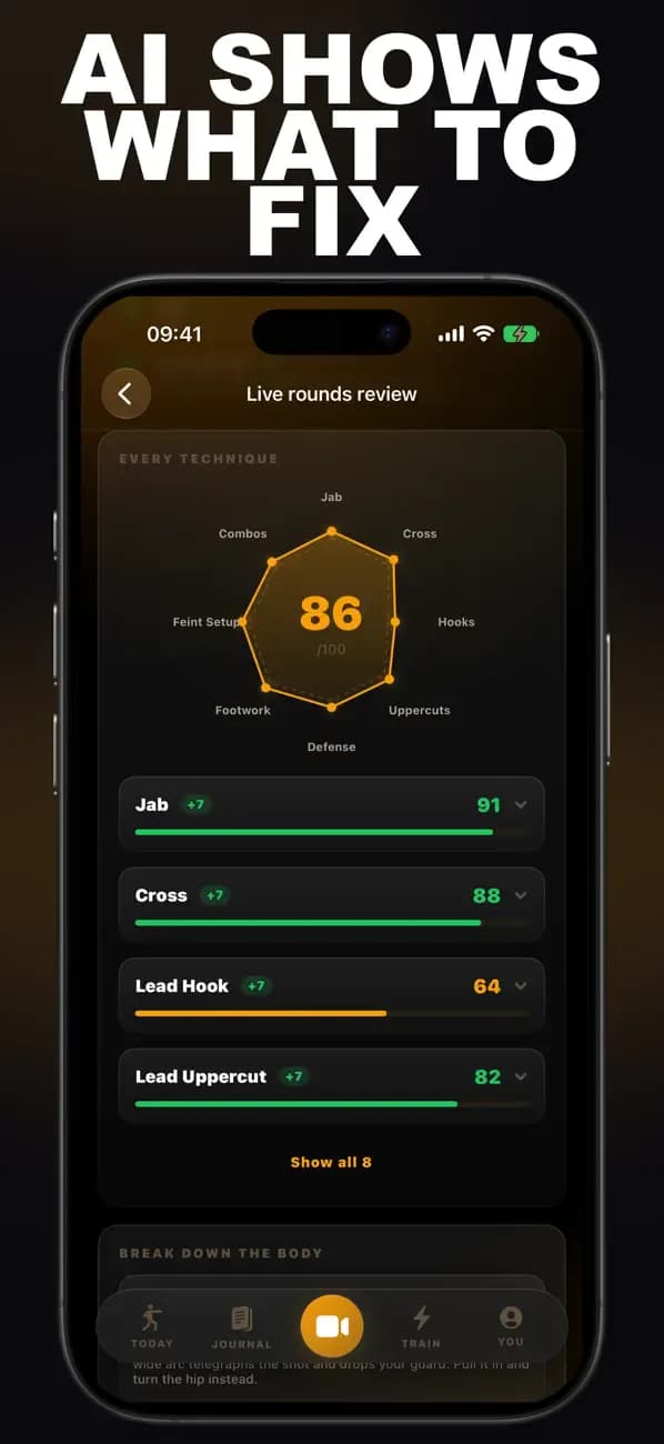 Boxing AI live rounds review scoring the jab, cross, lead hook, and lead uppercut.