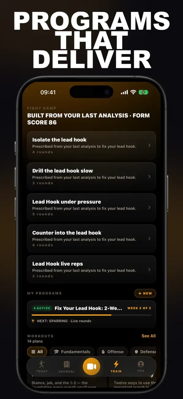 Boxing AI training prescription with programs built from a boxing form analysis.