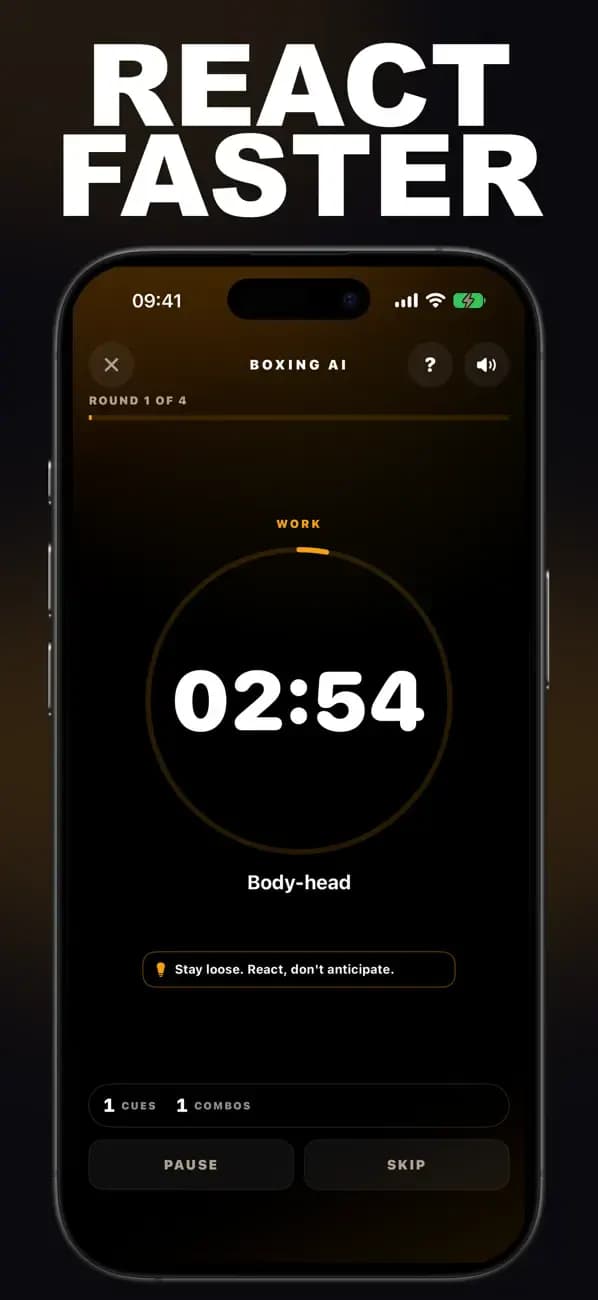 Boxing AI reaction drill displaying a body-head cue.