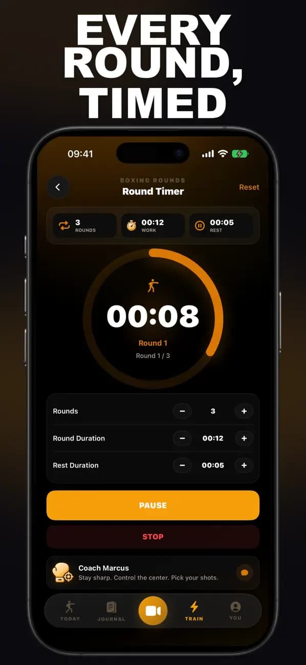 Boxing AI Round Timer showing an active timed boxing round.