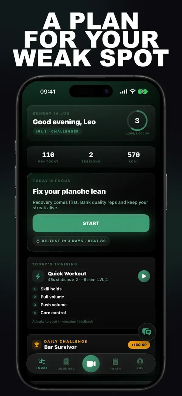 Calisthenics AI dashboard recommending a plan to fix your planche lean.