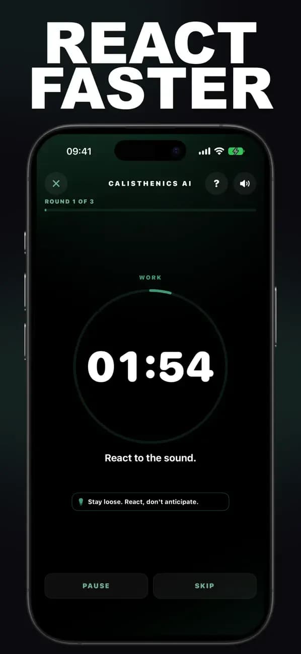 Calisthenics AI reaction drill displaying a timed sound cue.