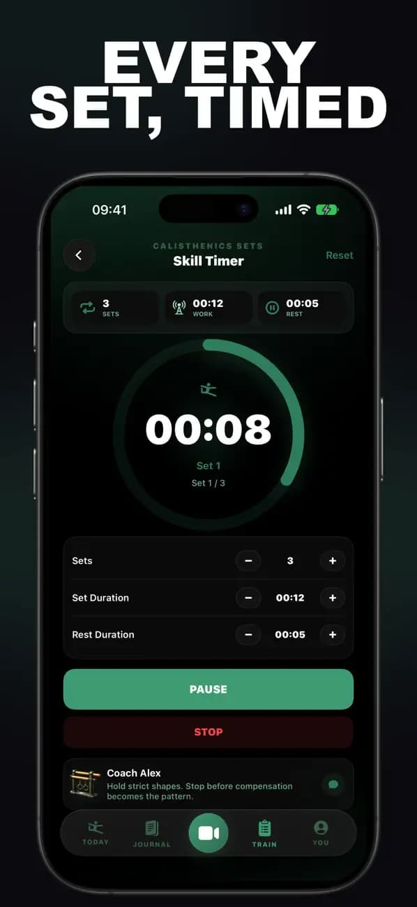 Calisthenics AI Skill Timer showing an active timed calisthenics set.
