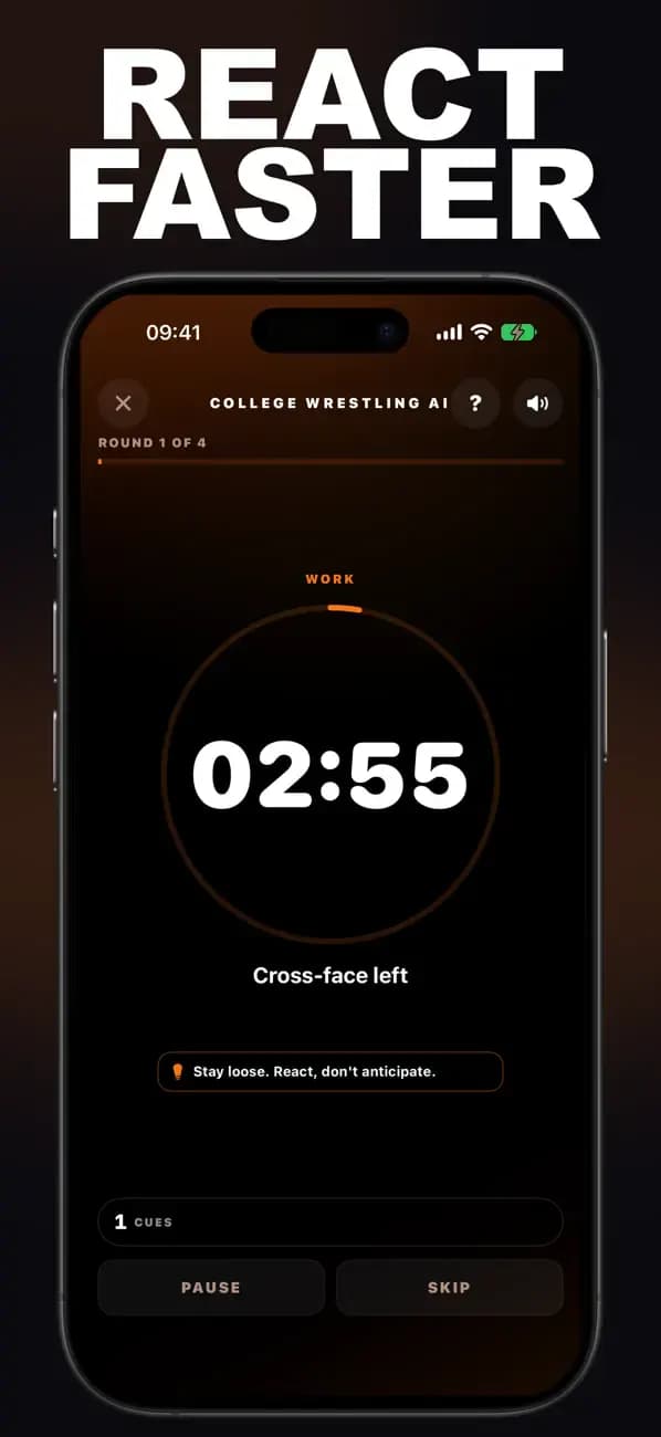 College Wrestling reaction drill displaying a cross-face-left cue.