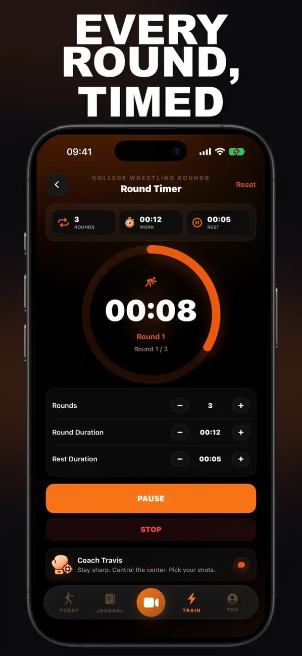 College Wrestling Round Timer showing an active timed wrestling round.