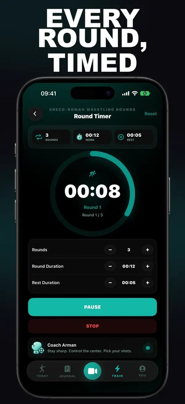 Greco-Roman Wrestling Round Timer showing an active timed wrestling round.