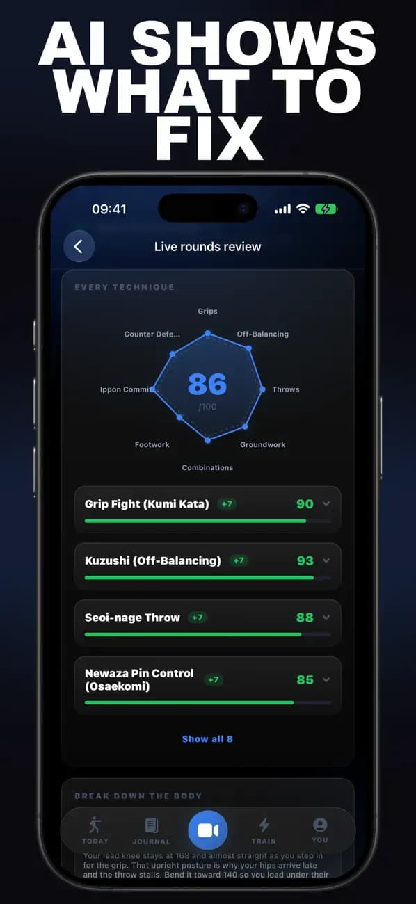 Judo AI live rounds review scoring grip fighting, kuzushi, seoi-nage, and newaza control.