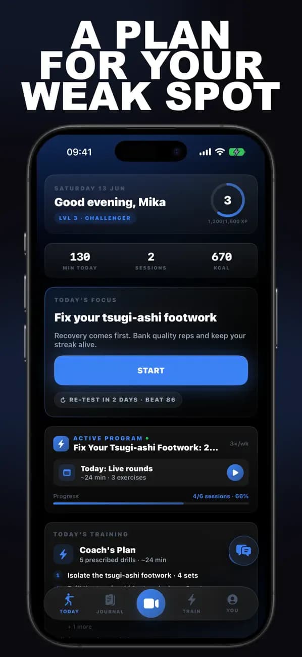 Judo AI dashboard recommending a plan to fix your tsugi-ashi footwork.