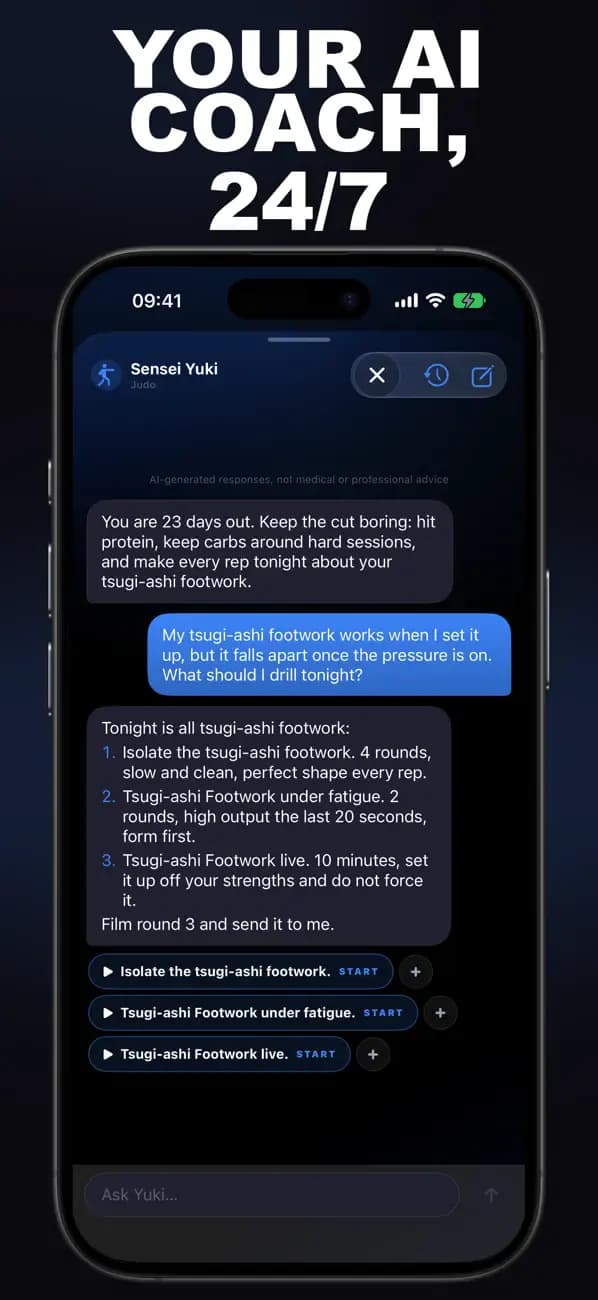 Judo AI chat with Sensei Yamamoto about your tsugi-ashi footwork.