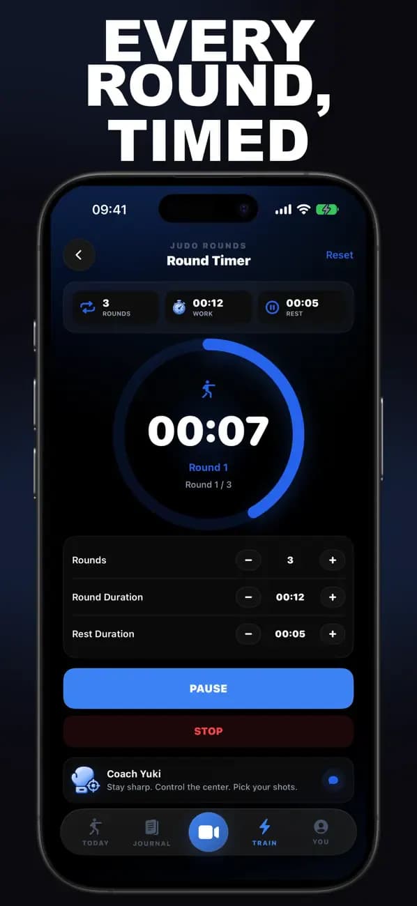 Judo AI Round Timer showing an active timed judo round.