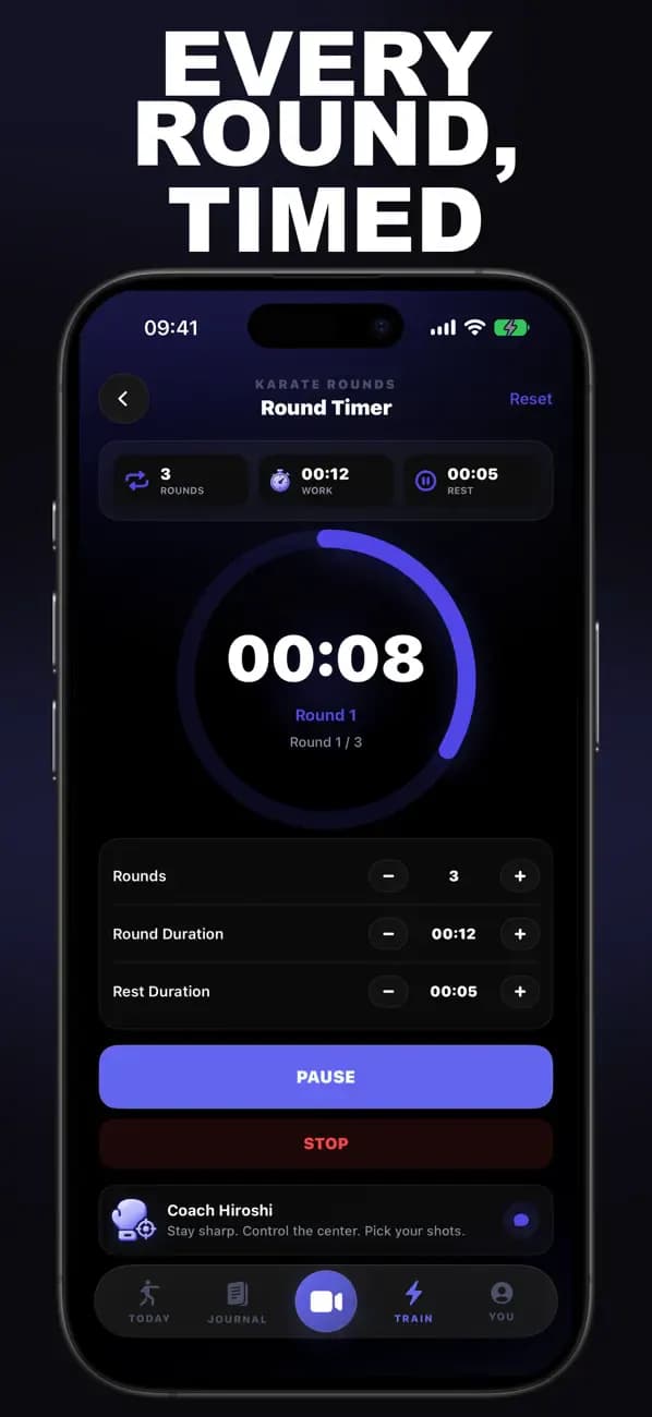 Karate AI Round Timer showing an active timed karate round.