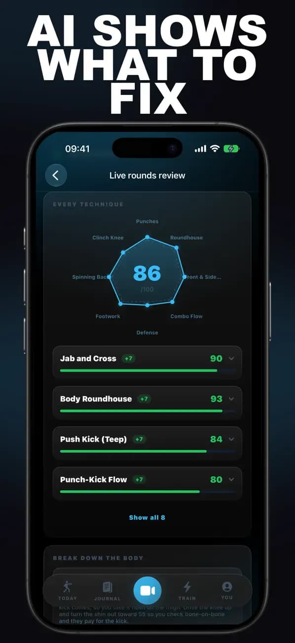 Kickboxing AI live rounds review scoring jab-crosses, body kicks, push kicks, and punch-kick flow.