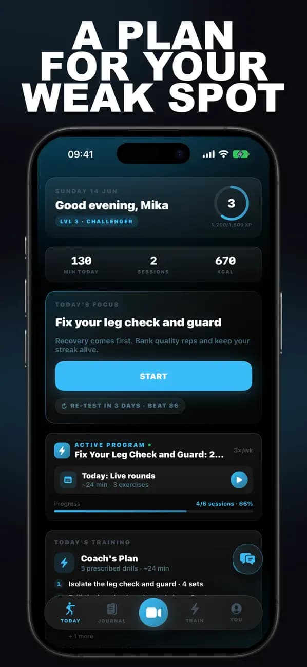Kickboxing AI dashboard recommending a plan to fix your leg check and guard.