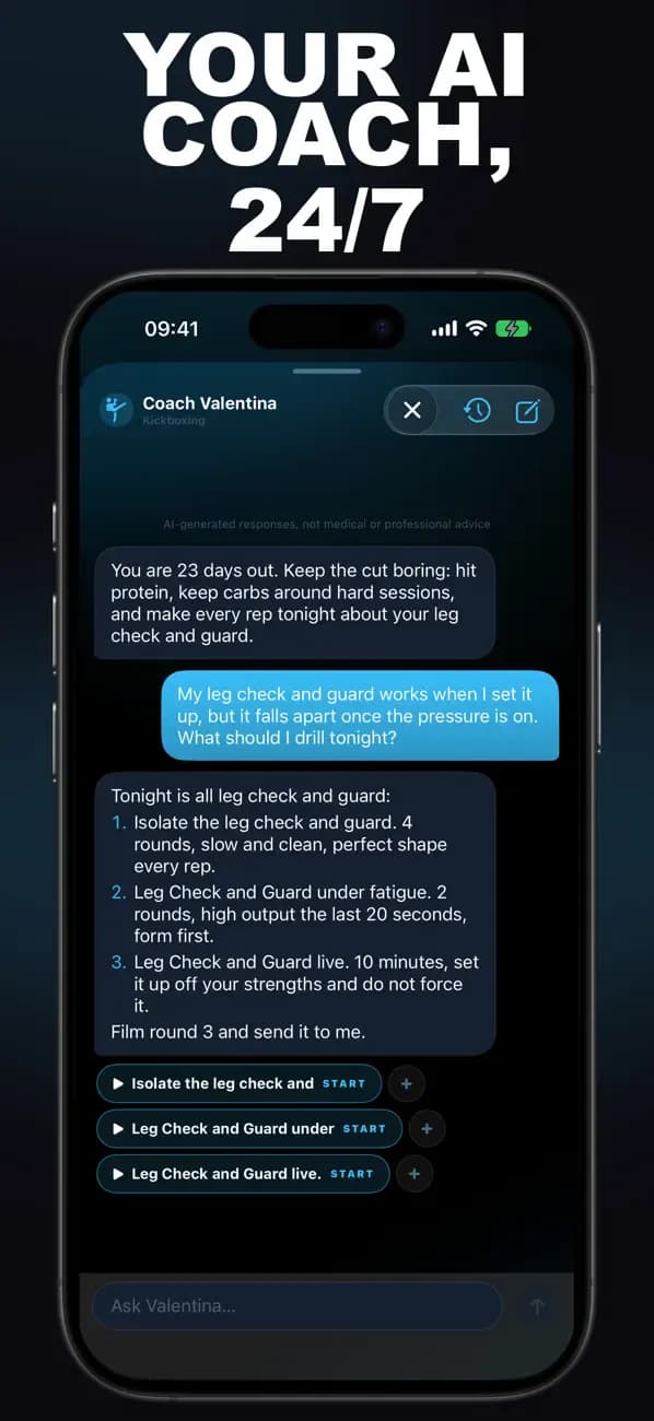 Kickboxing AI chat with Coach Valentina about your leg check and guard.