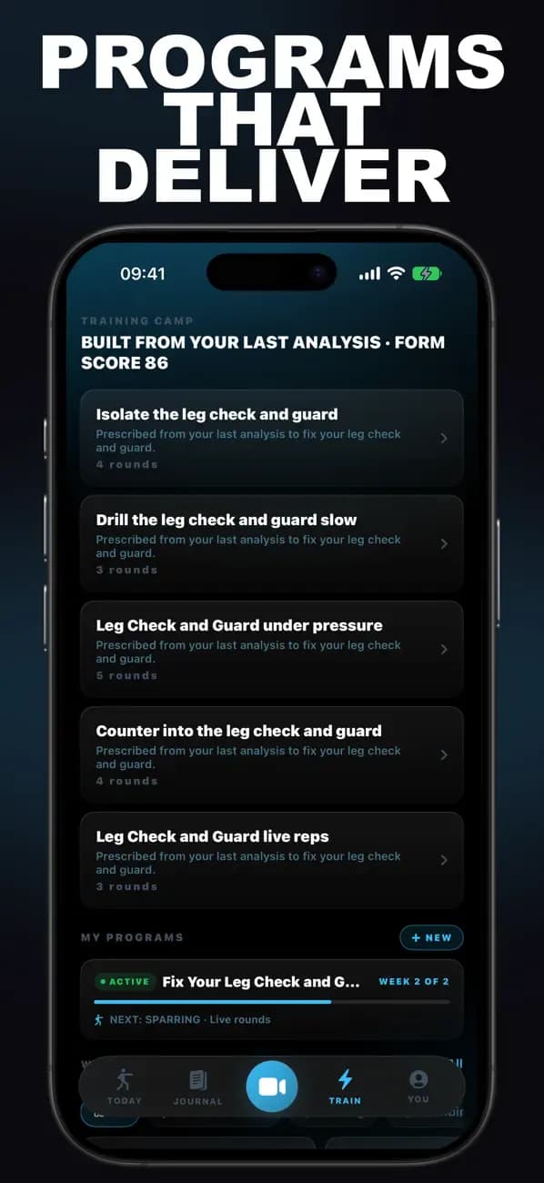 Kickboxing AI training prescription with programs built from a kickboxing form analysis.
