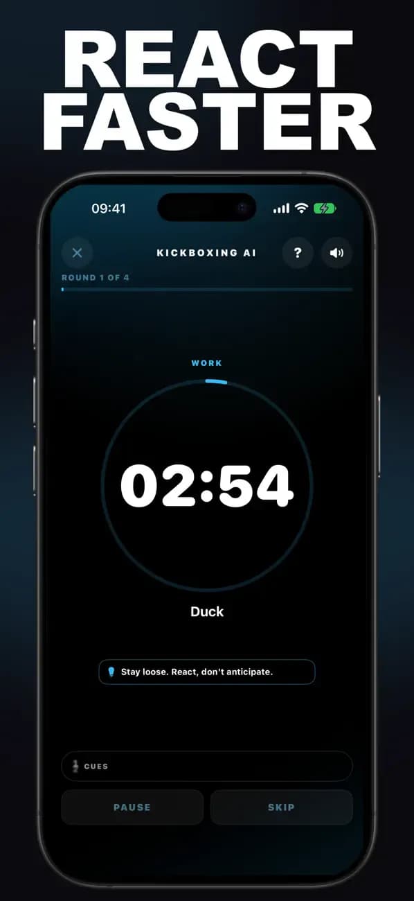 Kickboxing AI reaction drill displaying a duck cue.