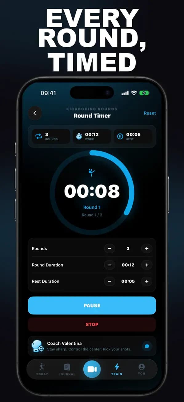 Kickboxing AI Round Timer showing an active timed kickboxing round.