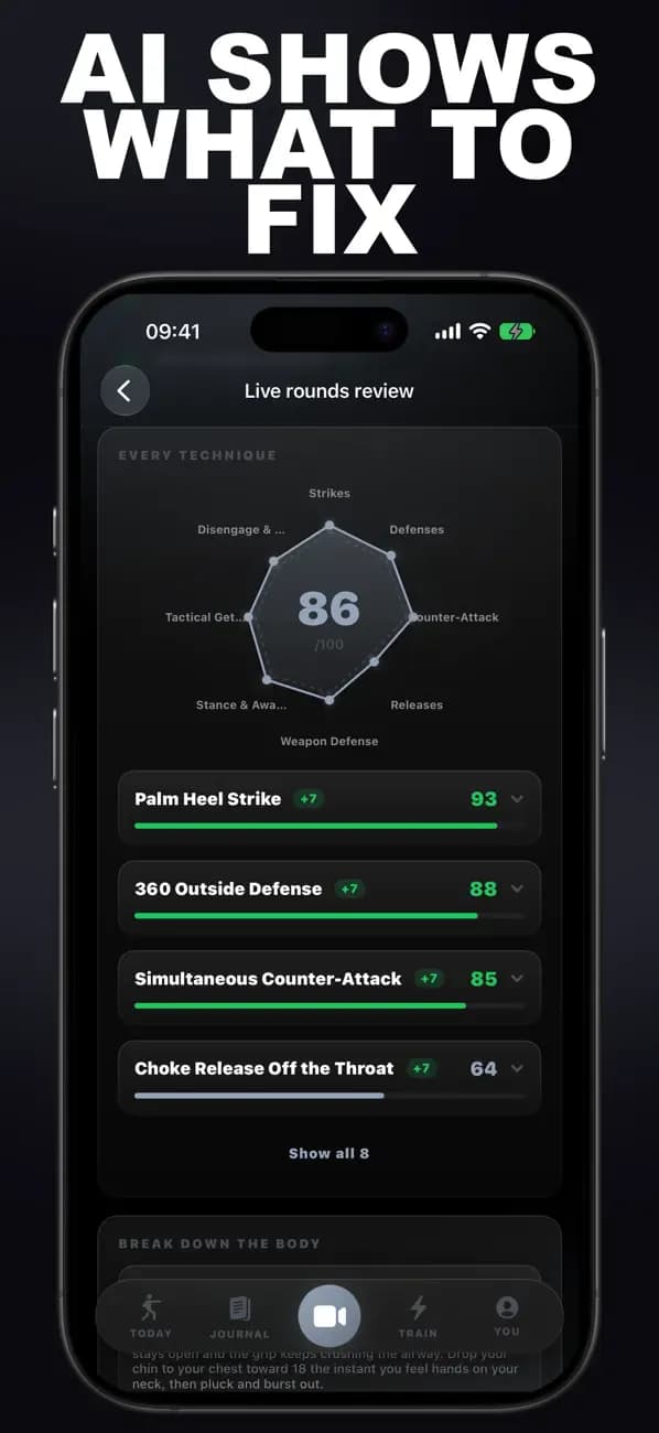 Krav Maga AI live rounds review scoring palm strikes, 360 defense, simultaneous counters, and choke releases.