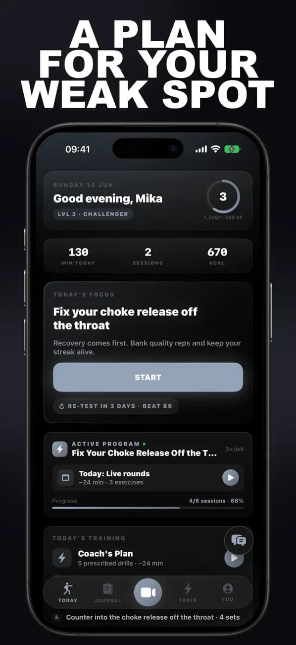 Krav Maga AI dashboard recommending a plan to fix your choke release off the throat.