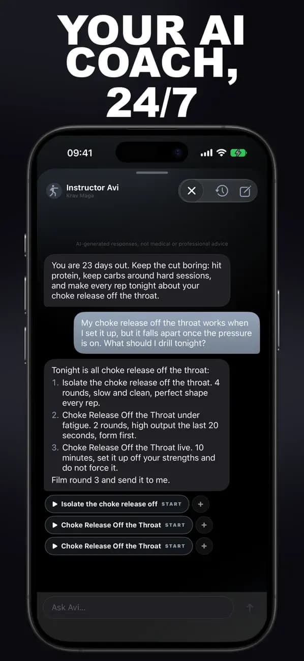 Krav Maga AI chat with Instructor Avi about your choke release off the throat.