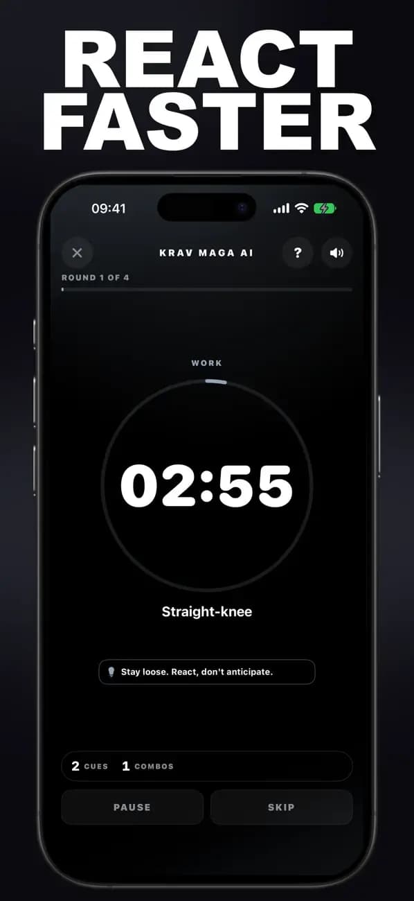 Krav Maga AI reaction drill displaying a straight-and-knee cue.