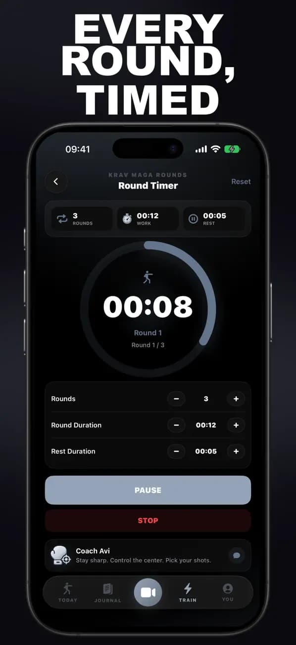 Krav Maga AI Round Timer showing an active timed Krav Maga round.