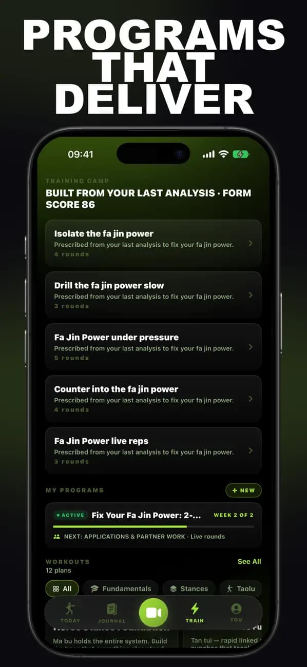 Kung Fu AI training prescription with programs built from a form analysis.