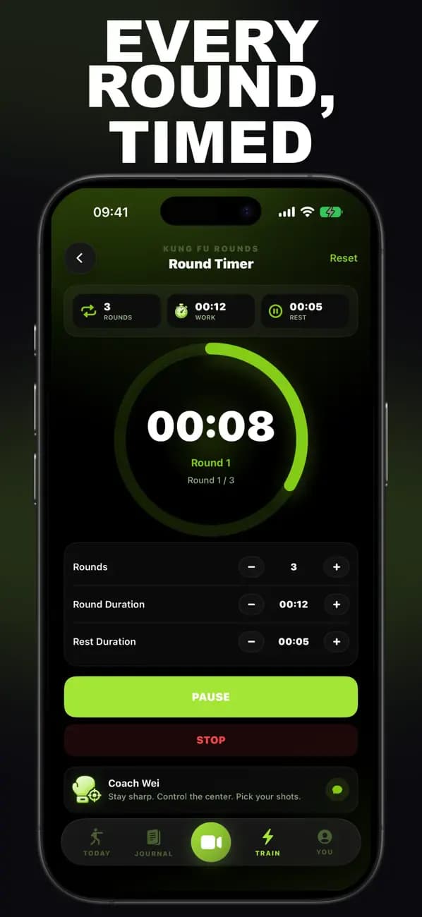 Kung Fu AI Round Timer showing an active timed Kung Fu round.