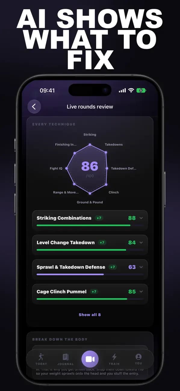 MMA AI live rounds review scoring striking combinations, level changes, sprawl defense, and cage pummeling.