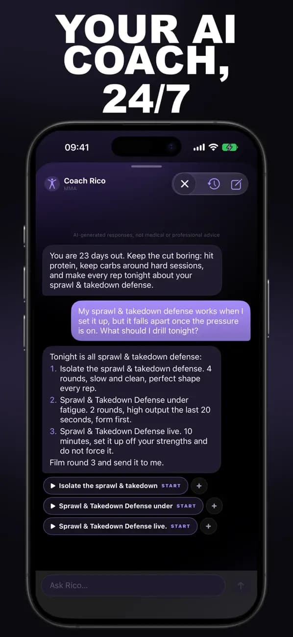MMA AI chat with Coach Rico about your sprawl and takedown defense.