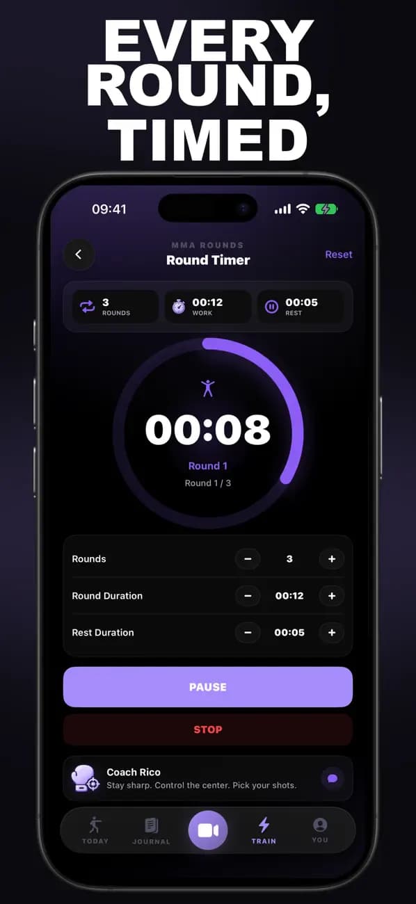 MMA AI Round Timer showing an active timed MMA round.