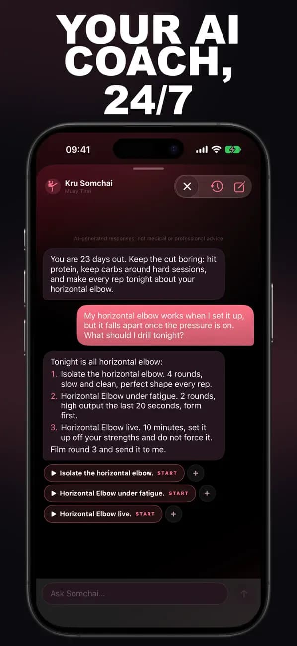 Muay Thai AI chat with Kru Somchai about your horizontal elbow.