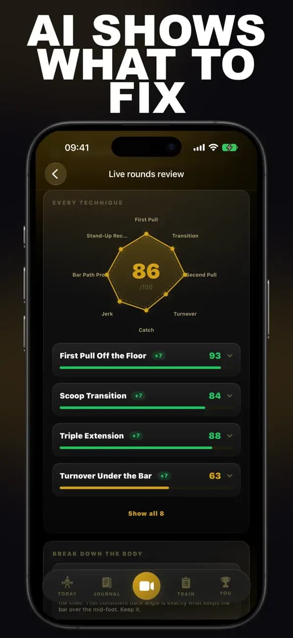 Olympic Weightlifting AI live rounds review scoring the first pull, scoop transition, triple extension, and turnover.
