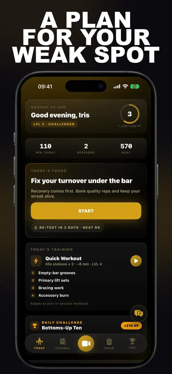 Olympic Weightlifting AI dashboard recommending a plan to fix your turnover under the bar.