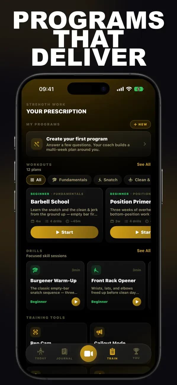 Olympic Weightlifting AI training prescription with programs built from a lifting analysis.