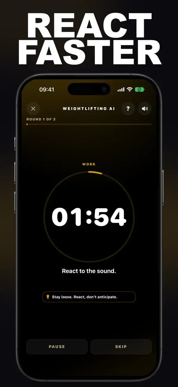 Olympic Weightlifting AI reaction drill displaying a timed sound cue.