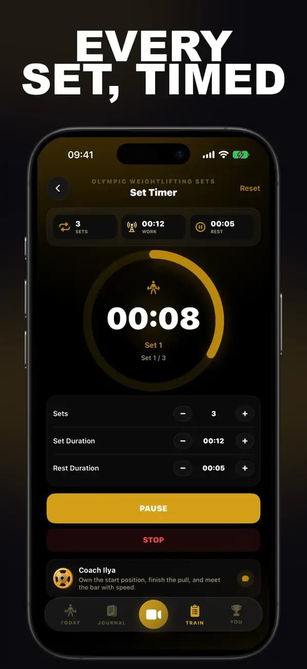 Olympic Weightlifting AI Set Timer showing an active timed weightlifting set.