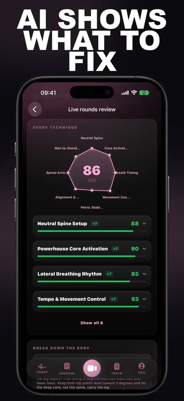 Pilates AI live rounds review scoring neutral spine, core activation, lateral breathing, and movement control.