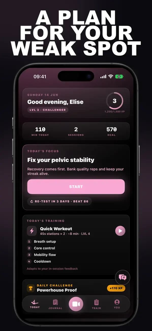 Pilates AI dashboard recommending a plan to fix your pelvic stability.