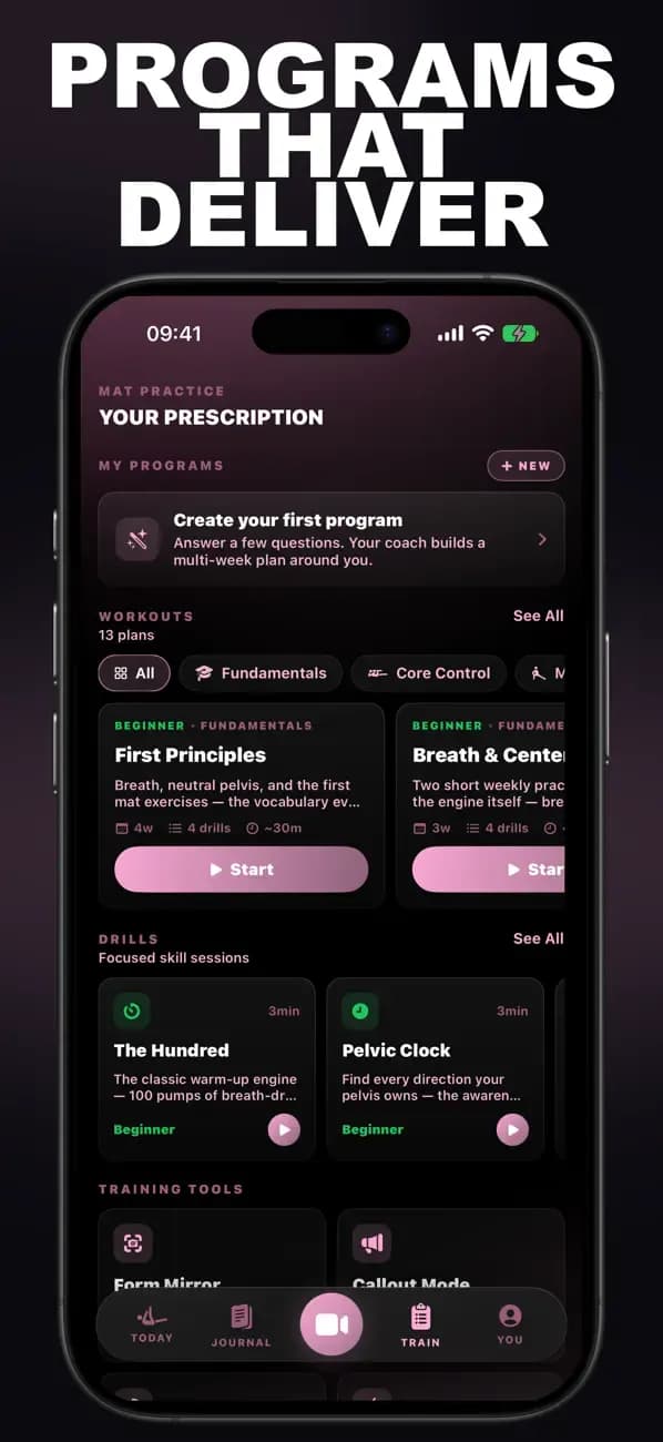 Pilates AI training prescription with programs built from a movement analysis.