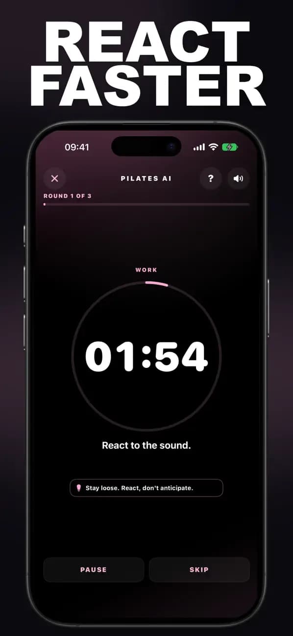 Pilates AI reaction drill displaying a timed sound cue.